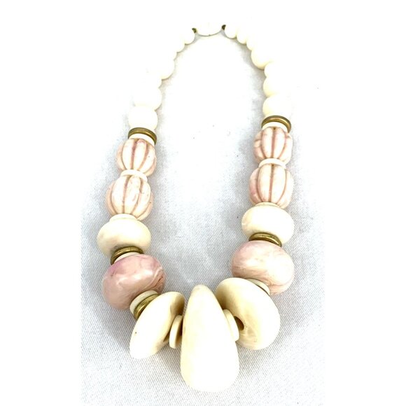 Chunky Bead Necklace 80s Pink Cream 18" Vintage Statement Vintage - Picture 2 of 6